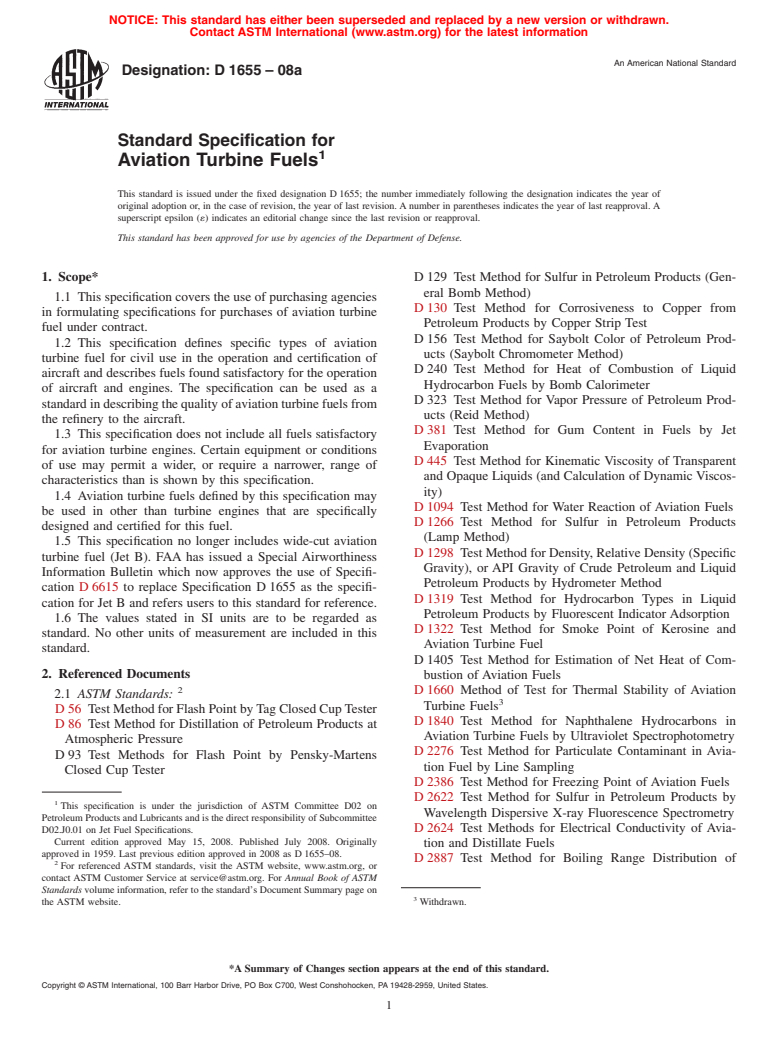 ASTM D1655-08a - Standard Specification for Aviation Turbine Fuels