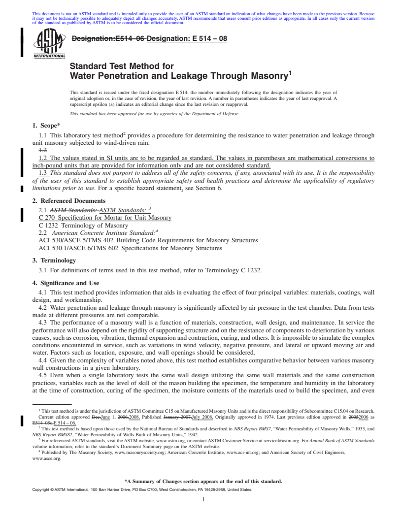 REDLINE ASTM E514-08 - Standard Test Method for  Water Penetration and Leakage Through Masonry