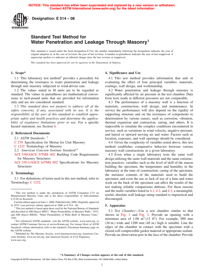 ASTM E514-08 - Standard Test Method for  Water Penetration and Leakage Through Masonry