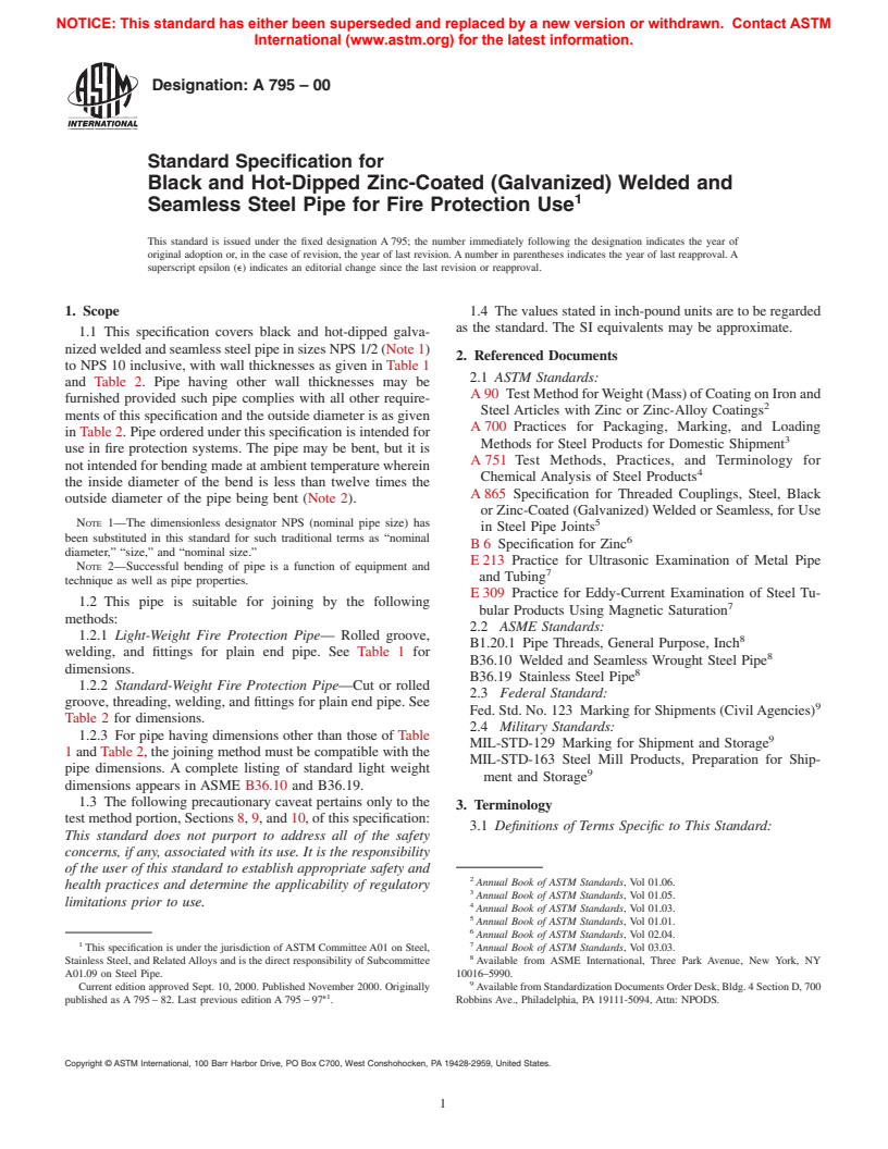 ASTM A795-00 - Standard Specification for Black and Hot-Dipped Zinc-Coated (Galvanized) Welded and Seamless Steel Pipe for Fire Protection Use