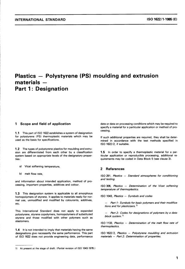 ISO 1622-1:1985 - Plastics -- Polystyrene (PS) moulding and extrusion materials