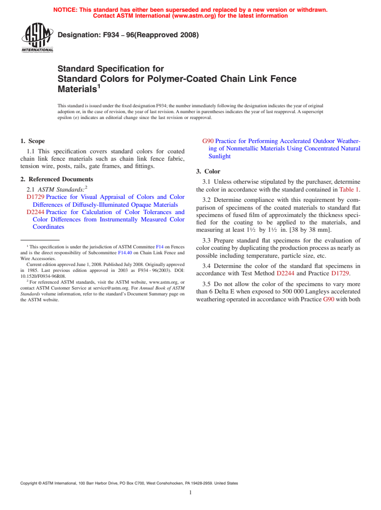 ASTM F934-96(2008) - Standard Specification for Standard Colors for Polymer-Coated Chain Link Fence Materials