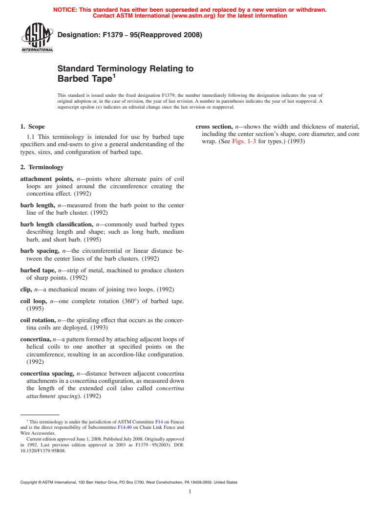 ASTM F1379-95(2008) - Standard Terminology Relating to Barbed Tape