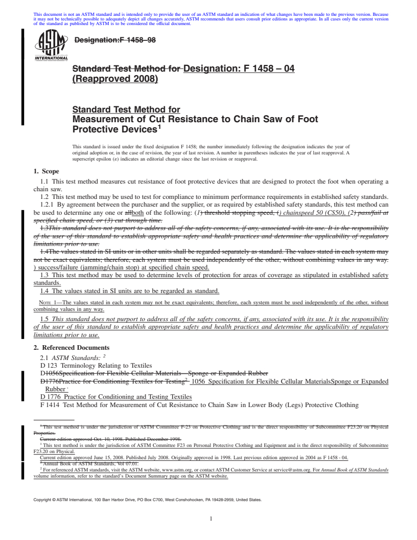 REDLINE ASTM F1458-04(2008) - Standard Test Method for Measurement of Cut Resistance to Chain Saw of Foot Protective Devices