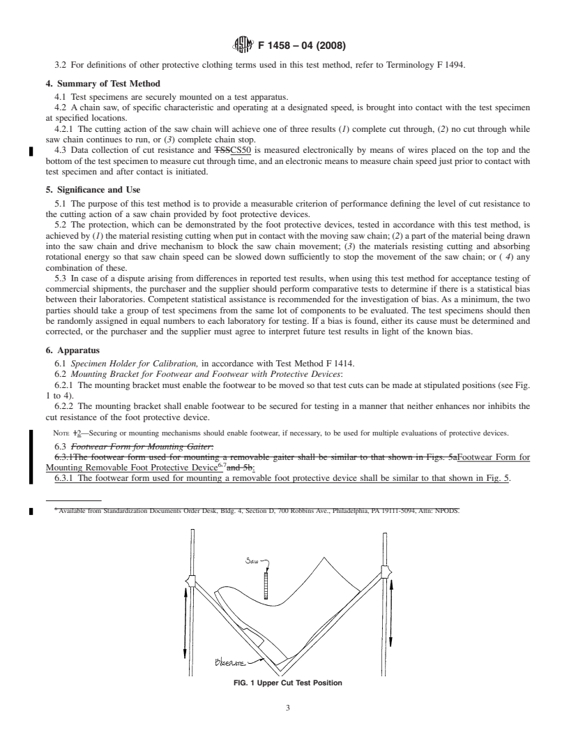 REDLINE ASTM F1458-04(2008) - Standard Test Method for Measurement of Cut Resistance to Chain Saw of Foot Protective Devices