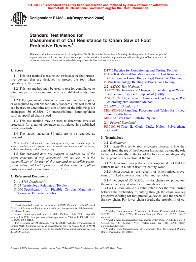 ASTM F1458-04(2008) - Standard Test Method for Measurement of Cut Resistance to Chain Saw of Foot Protective Devices