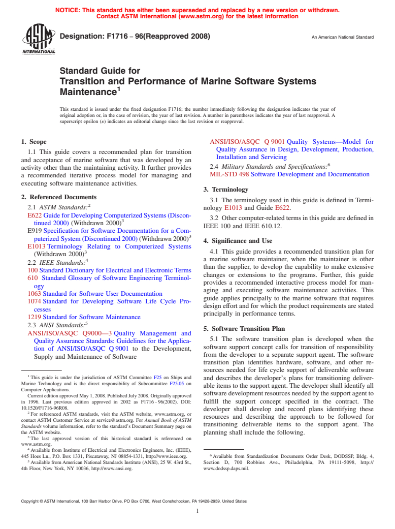 ASTM F1716-96(2008) - Standard Guide for  Transition and Performance of Marine Software Systems Maintenance