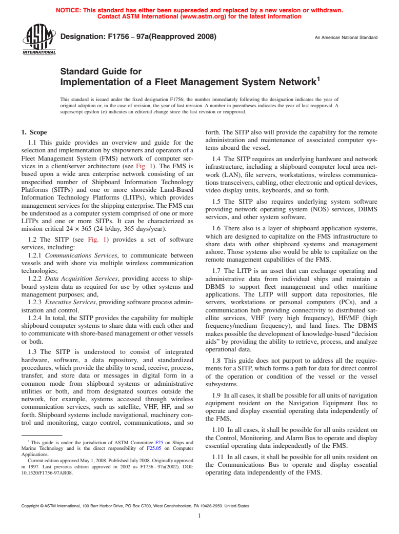 ASTM F1756-97a(2008) - Standard Guide for Implementation of a Fleet Management System Network (Withdrawn 2015)