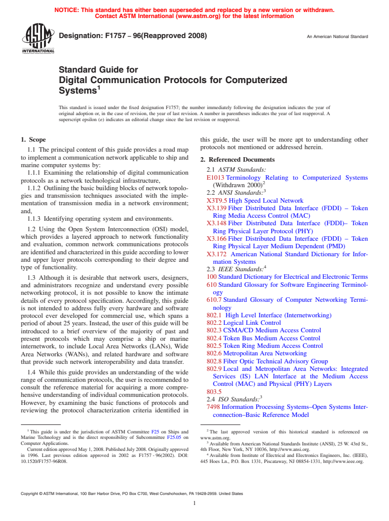 ASTM F1757-96(2008) - Standard Guide for Digital Communication Protocols for Computerized Systems