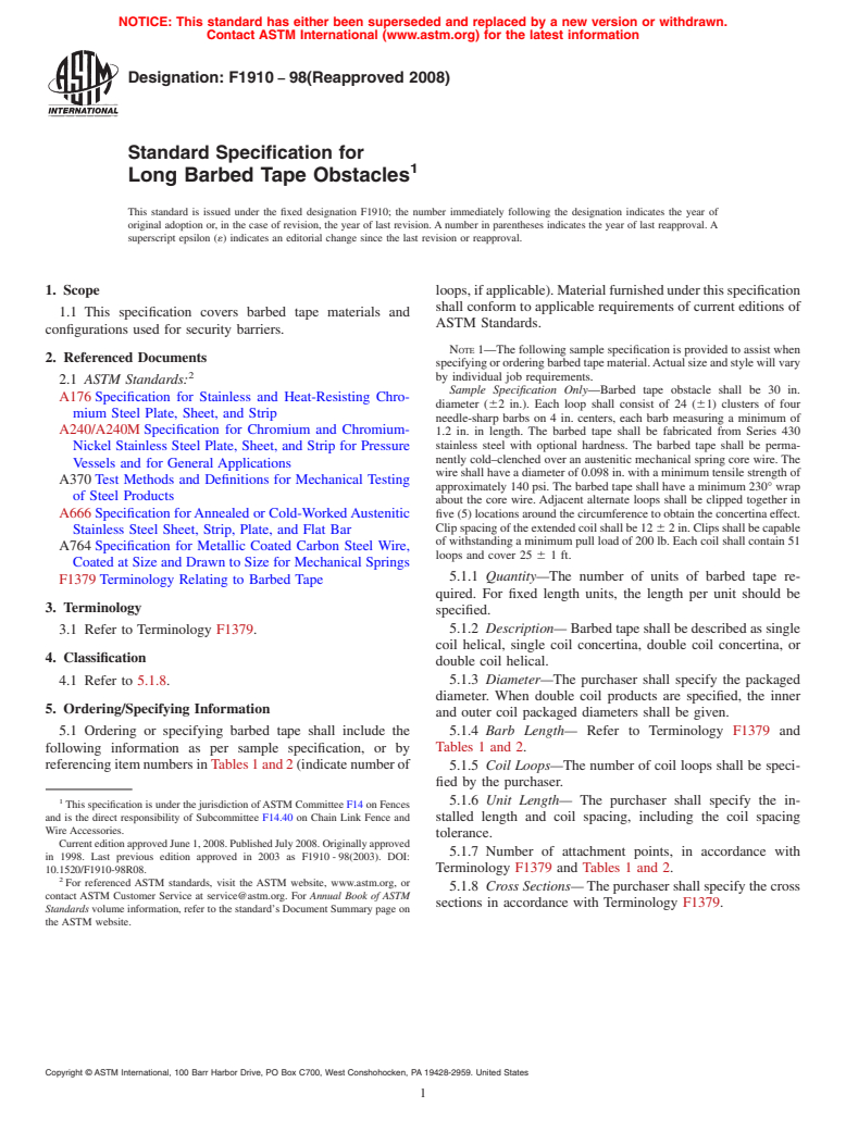 ASTM F1910-98(2008) - Standard Specification for Long Barbed Tape Obstacles