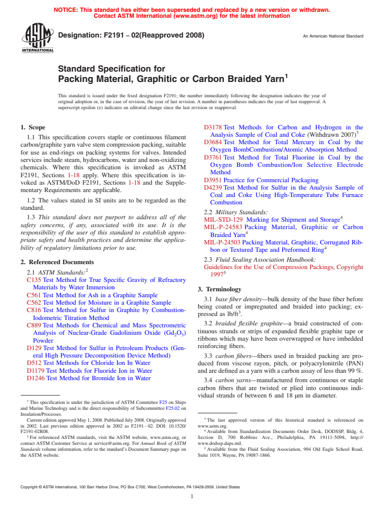 ASTM F2191-02(2008) - Standard Specification for Packing Material, Graphitic or Carbon Braided Yarn