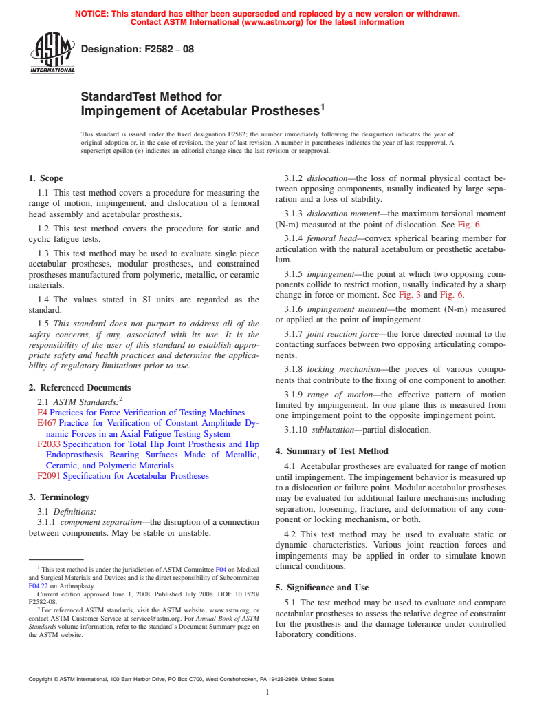 ASTM F2582-08 - Standard Test Method for Impingement of Acetabular Prostheses