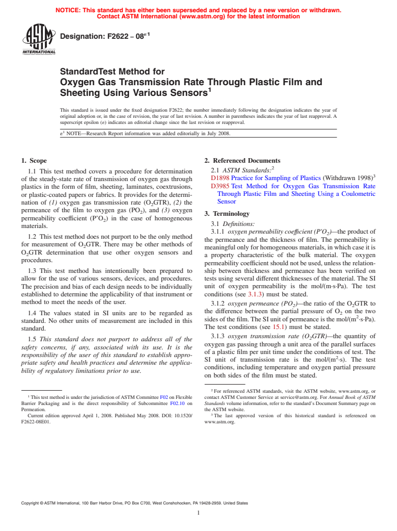 ASTM F E Standard Test Method For Oxygen Gas Transmission Rate Through Plastic Film And