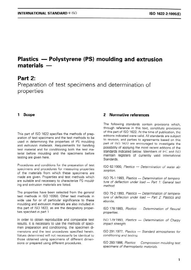 ISO 1622-2:1995 - Plastics -- Polystyrene (PS) moulding and extrusion materials