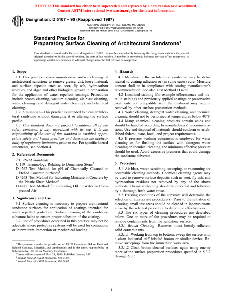 ASTM D5107-90(1997) - Standard Practice for Preparatory Surface Cleaning of Architectural Sandstone