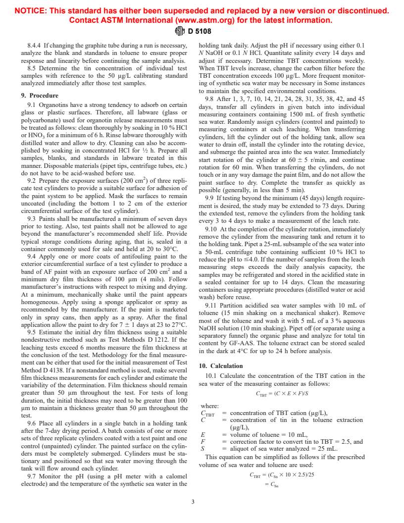 ASTM D5108-90(1996) - Standard Test Method for Organotin Release Rates of Antifouling Coating Systems in Sea Water