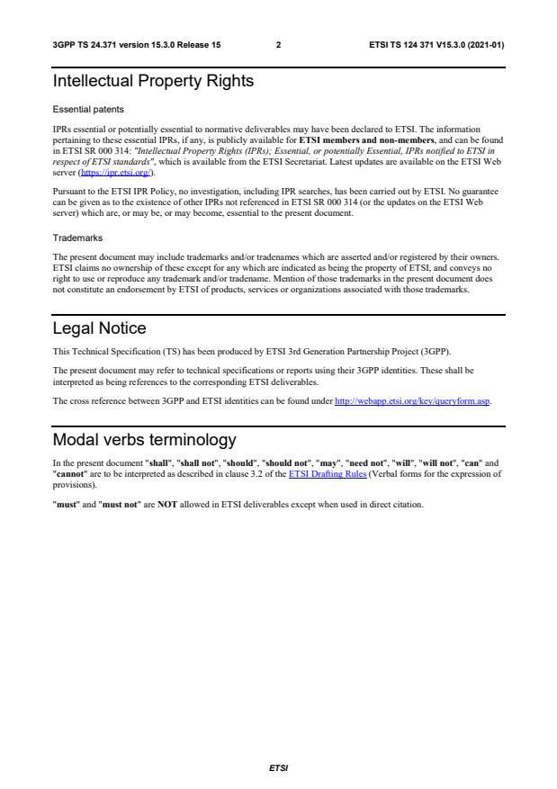 ETSI TS 124 371 V15.3.0 (2021-01) - Universal Mobile Telecommunications System (UMTS); LTE; Web Real-Time Communications (WebRTC) access to the IP Multimedia (IM) Core Network (CN) subsystem (IMS); Stage 3; Protocol specification (3GPP TS 24.371 version 15.3.0 Release 15)