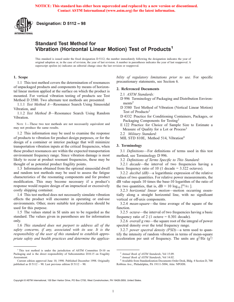 ASTM D5112-98 - Standard Test Method for Vibration (Horizontal Linear Sinusoidal Motion) Test of Products