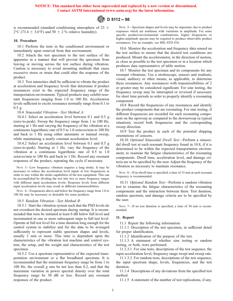 ASTM D5112-98 - Standard Test Method for Vibration (Horizontal Linear Sinusoidal Motion) Test of Products