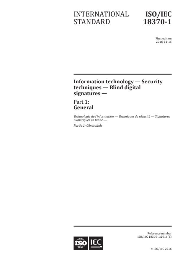 ISO/IEC 18370-1:2016 - Information technology -- Security techniques -- Blind digital signatures
