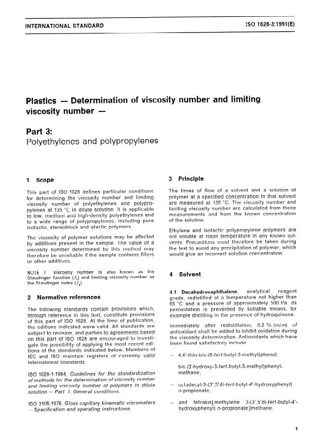 ISO 1628-3:1991 - Plastics -- Determination of viscosity number and limiting viscosity number