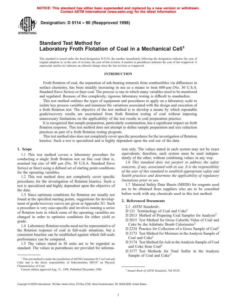 ASTM D5114-90(1998) - Standard Test Method for Laboratory Froth Flotation of Coal in a Mechanical Cell