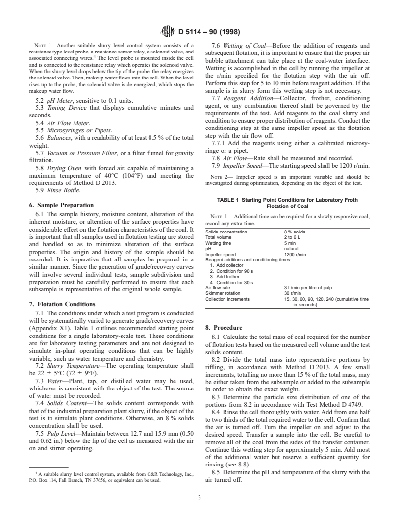 ASTM D5114-90(1998) - Standard Test Method for Laboratory Froth Flotation of Coal in a Mechanical Cell