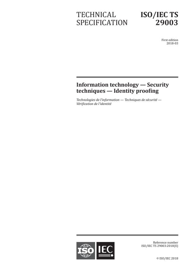 ISO/IEC TS 29003:2018 - Information technology -- Security techniques -- Identity proofing