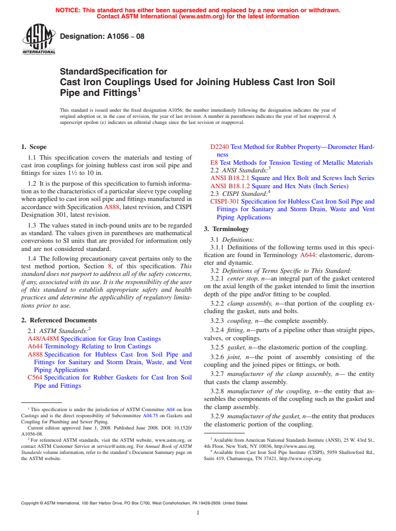 ASTM A1056-08 - Standard Specification for Cast Iron Couplings Used for Joining Hubless Cast Iron Soil Pipe and Fittings