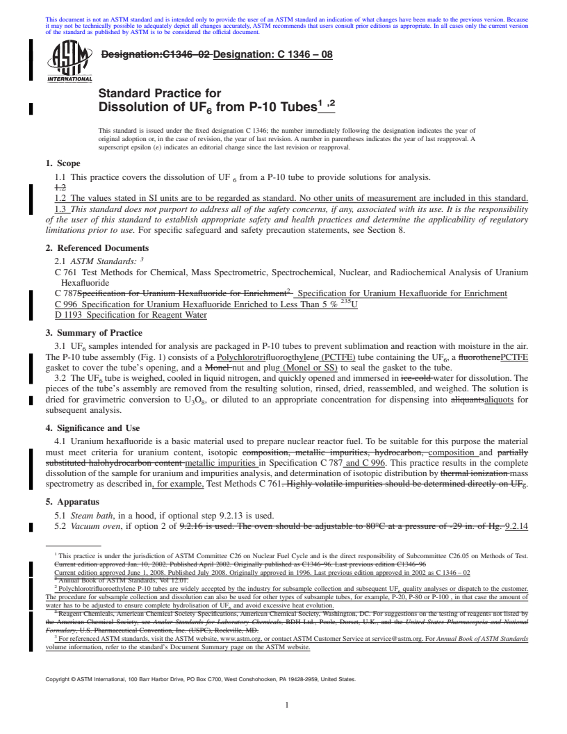 REDLINE ASTM C1346-08 - Standard Practice for  Dissolution of UF<sub>6</sub> from P-10 Tubes