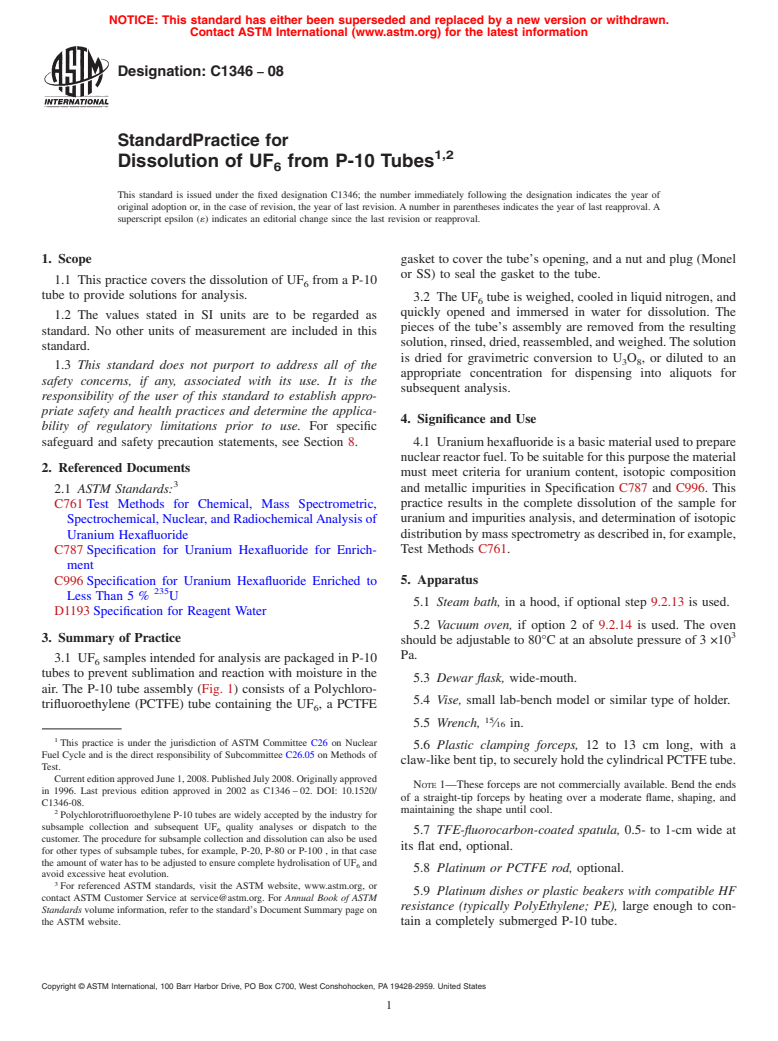 ASTM C1346-08 - Standard Practice for  Dissolution of UF<sub>6</sub> from P-10 Tubes