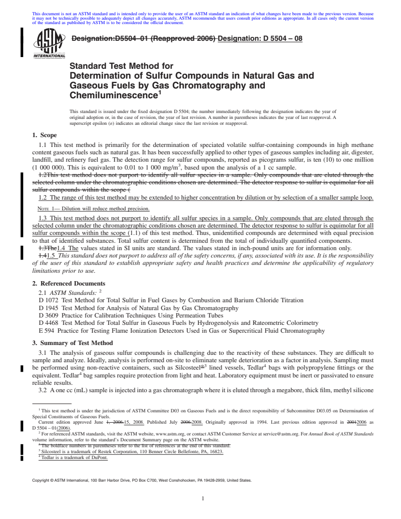 REDLINE ASTM D5504-08 - Standard Test Method for  Determination of Sulfur Compounds in Natural Gas and Gaseous Fuels by Gas Chromatography and Chemiluminescence