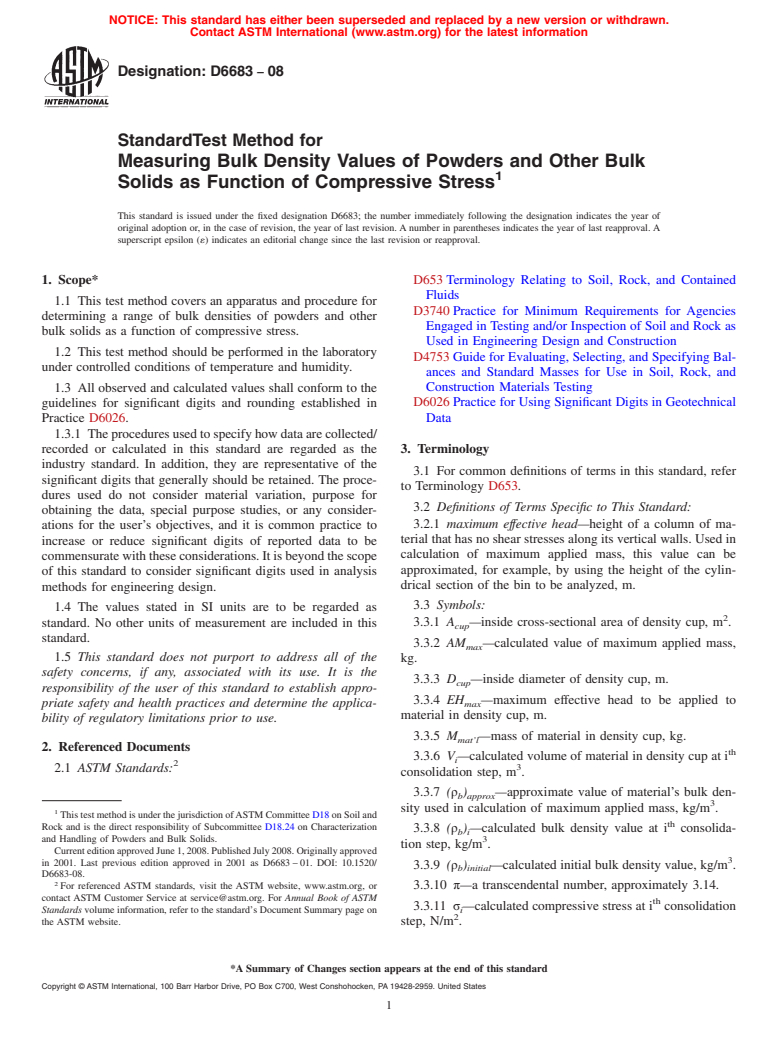 ASTM D6683-08 - Standard Test Method for Measuring Bulk Density Values of Powders and Other Bulk Solids as Function of Compressive Stress