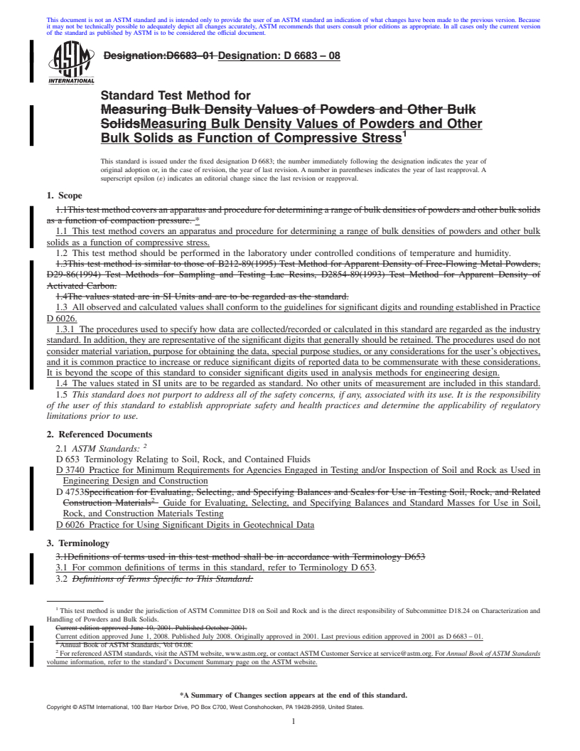 REDLINE ASTM D6683-08 - Standard Test Method for Measuring Bulk Density Values of Powders and Other Bulk Solids as Function of Compressive Stress