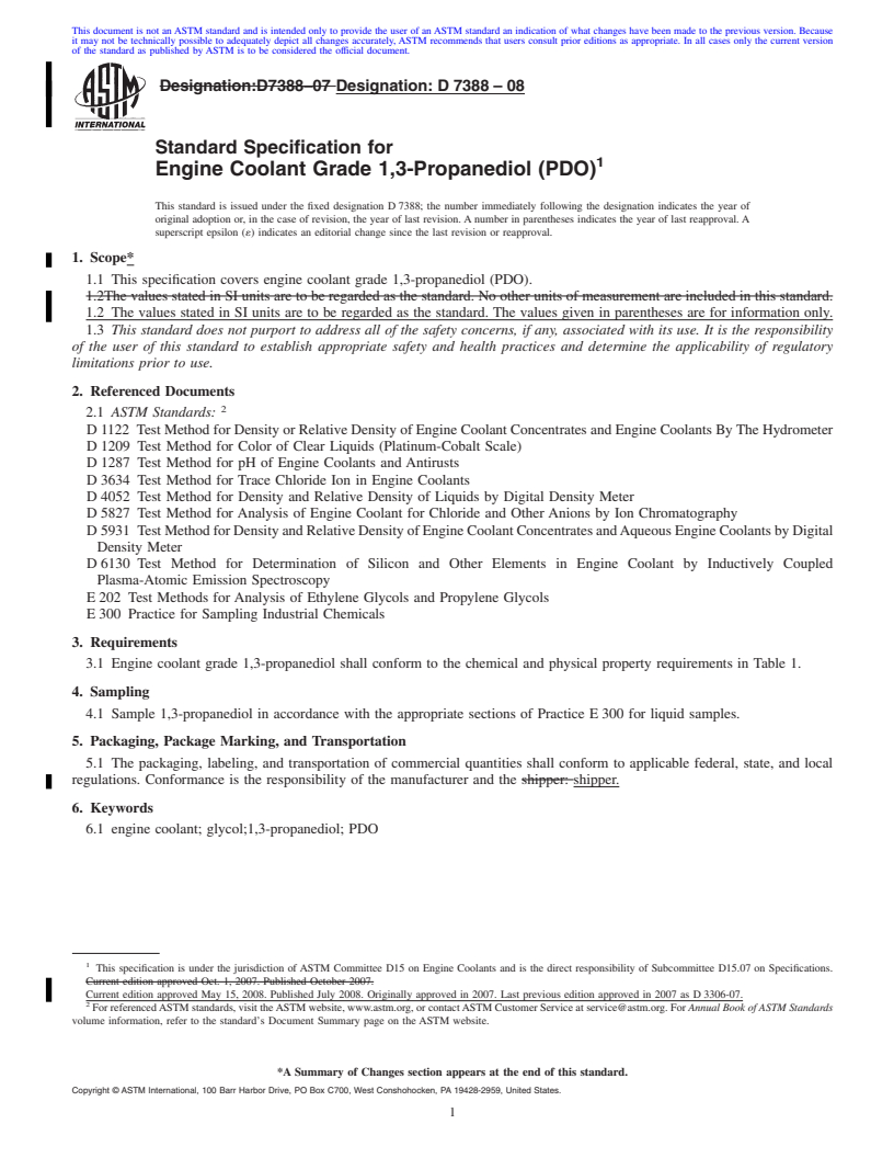 REDLINE ASTM D7388-08 - Standard Specification for Engine Coolant Grade 1,3-Propanediol (PDO)