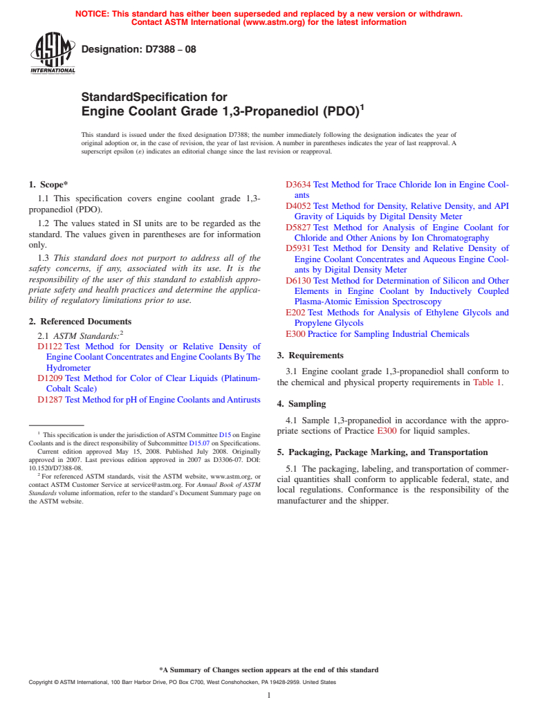 ASTM D7388-08 - Standard Specification for Engine Coolant Grade 1,3-Propanediol (PDO)