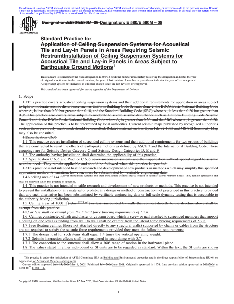 REDLINE ASTM E580/E580M-08 - Standard Practice for  Installation of Ceiling Suspension Systems for Acoustical Tile and Lay-in Panels in Areas Subject to Earthquake Ground Motions