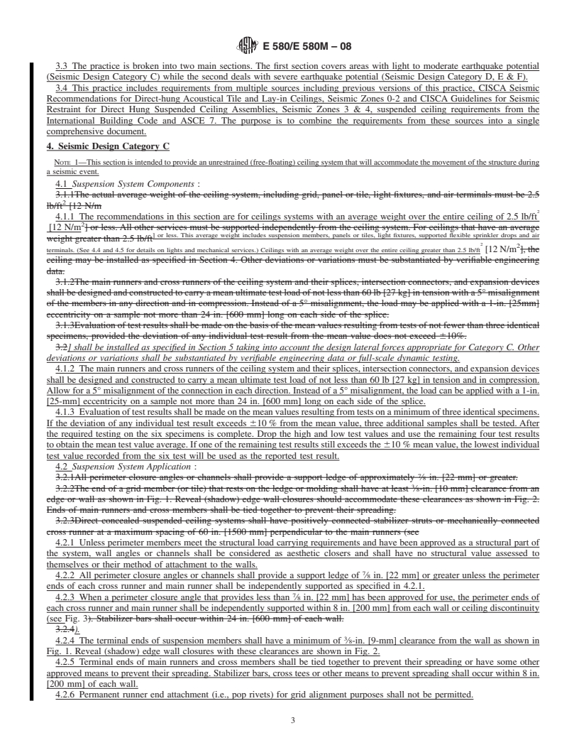 REDLINE ASTM E580/E580M-08 - Standard Practice for  Installation of Ceiling Suspension Systems for Acoustical Tile and Lay-in Panels in Areas Subject to Earthquake Ground Motions