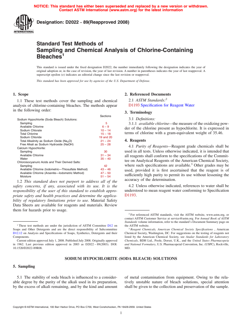 ASTM D2022-89(2008) - Standard Test Methods of  Sampling and Chemical Analysis of Chlorine-Containing Bleaches