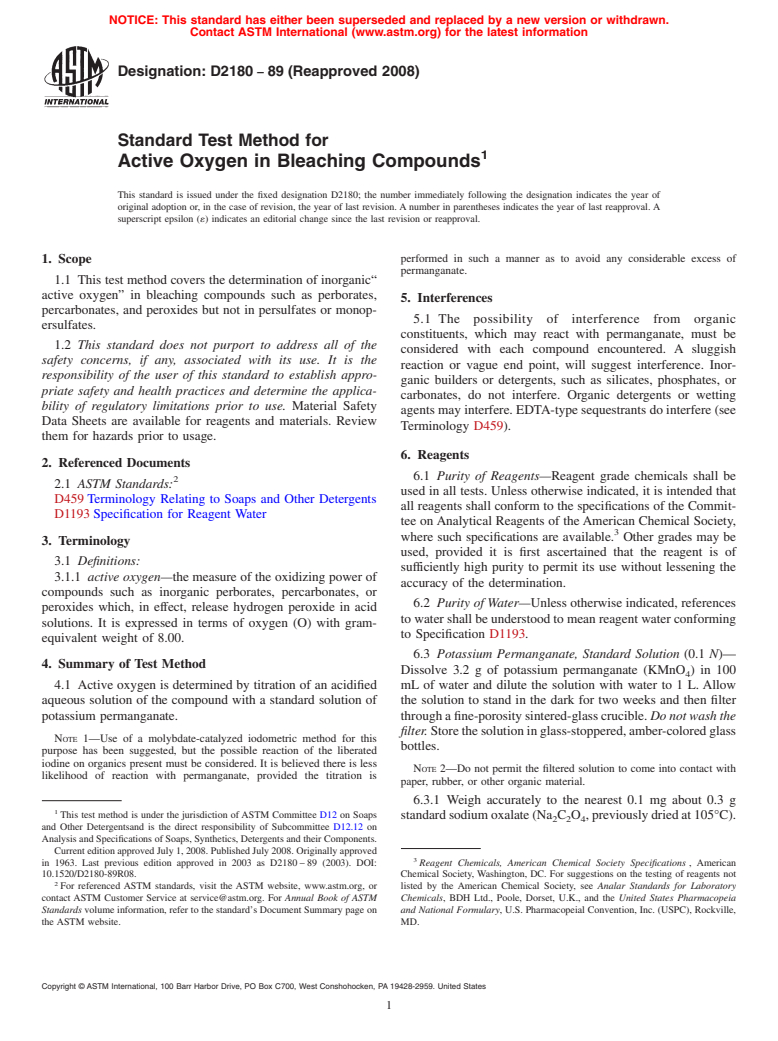 ASTM D2180-89(2008) - Standard Test Method for  Active Oxygen in Bleaching Compounds