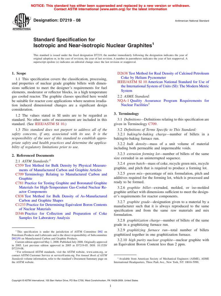 ASTM D7219-08 - Standard Specification for Isotropic and Near-isotropic Nuclear Graphites