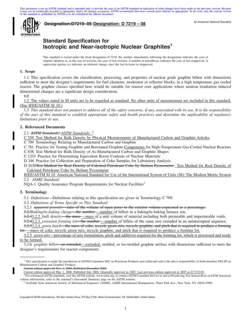 REDLINE ASTM D7219-08 - Standard Specification for Isotropic and Near-isotropic Nuclear Graphites