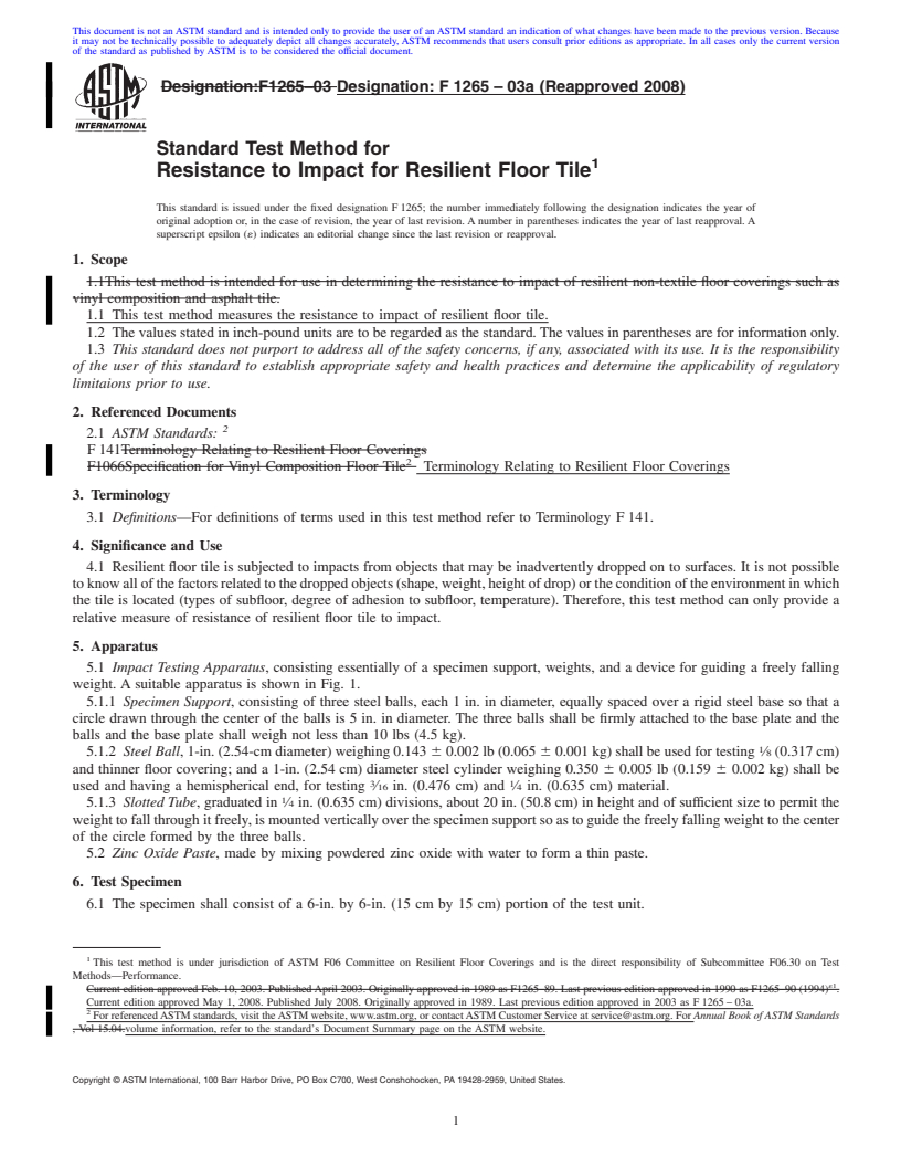 REDLINE ASTM F1265-03a(2008) - Standard Test Method for Resistance to Impact for Resilient Floor Tile