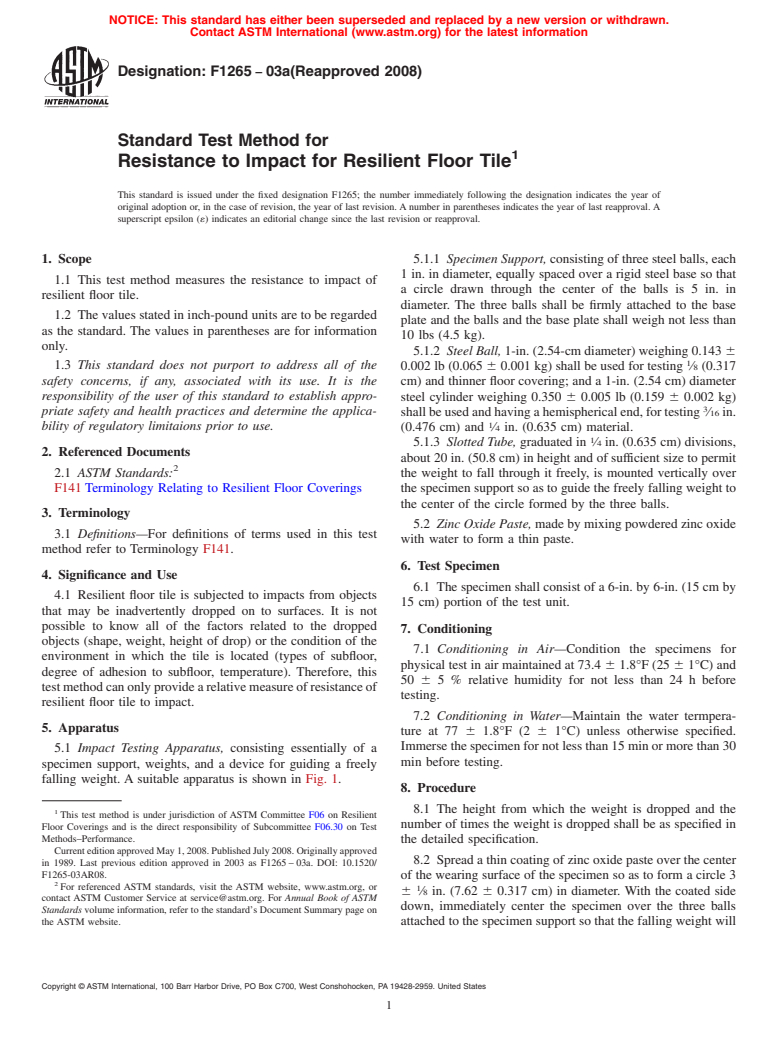 ASTM F1265-03a(2008) - Standard Test Method for Resistance to Impact for Resilient Floor Tile