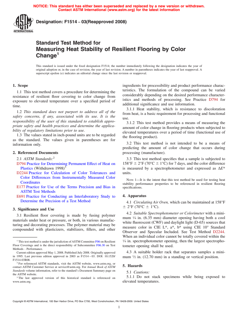 ASTM F1514-03(2008) - Standard Test Method for  Measuring Heat Stability of Resilient Flooring by Color Change