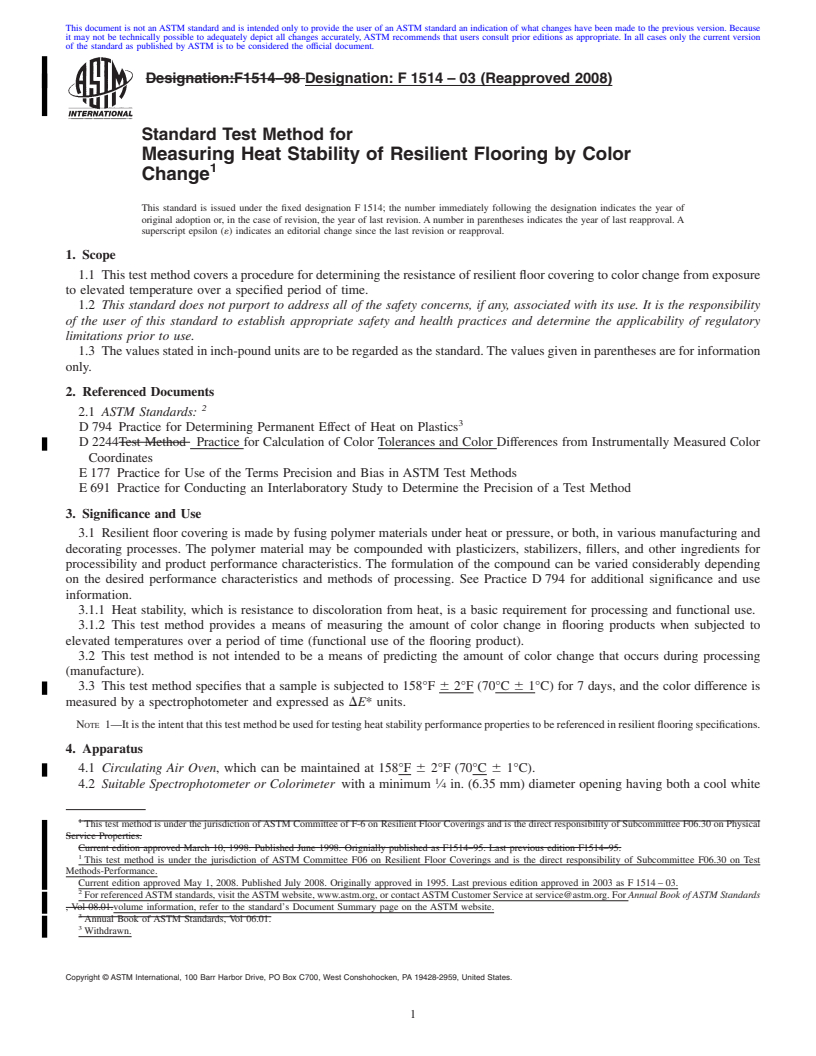 REDLINE ASTM F1514-03(2008) - Standard Test Method for  Measuring Heat Stability of Resilient Flooring by Color Change