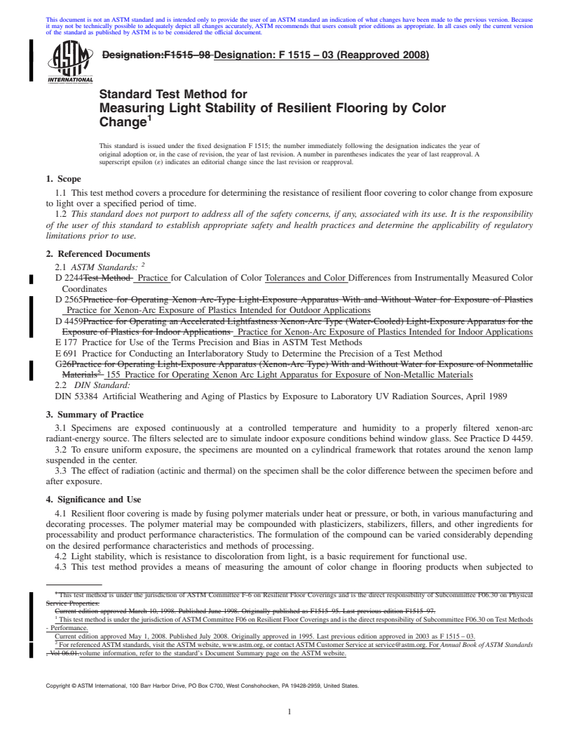 REDLINE ASTM F1515-03(2008) - Standard Test Method for  Measuring Light Stability of Resilient Flooring by Color Change