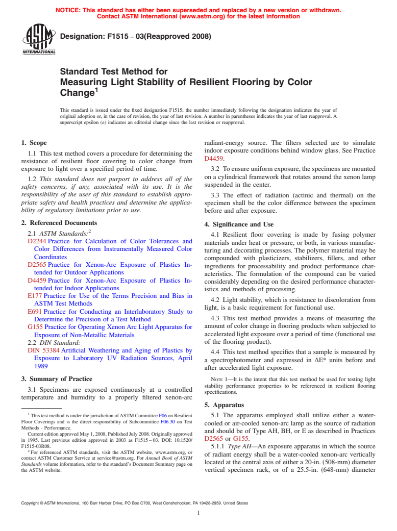 ASTM F1515-03(2008) - Standard Test Method for  Measuring Light Stability of Resilient Flooring by Color Change