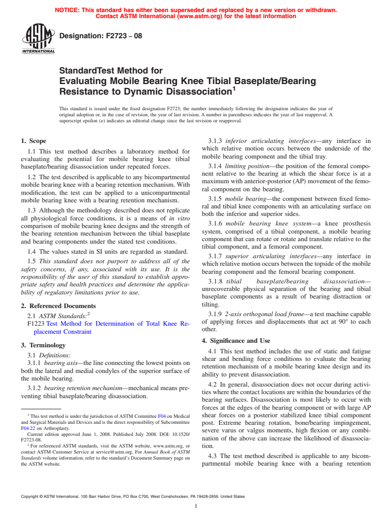 ASTM F2723-08 - Standard Test Method for Evaluating Mobile Bearing Knee Tibial Baseplate/Bearing Resistance to Dynamic Disassociation