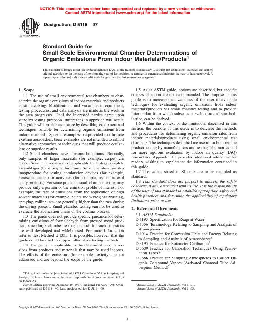 ASTM D5116-97 - Standard Guide for Small-Scale Environmental Chamber Determinations of Organic Emissions from Indoor Materials/Products (Withdrawn 2006)